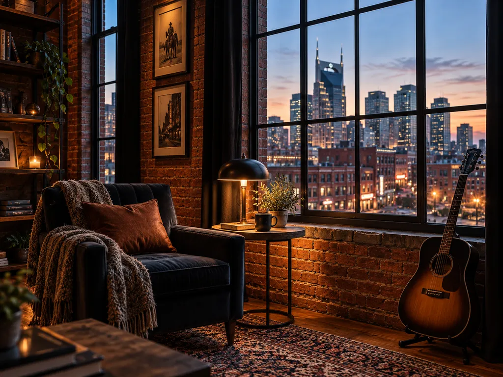 A cozy living room with a chair, lamp, guitar, and a city skyline view.