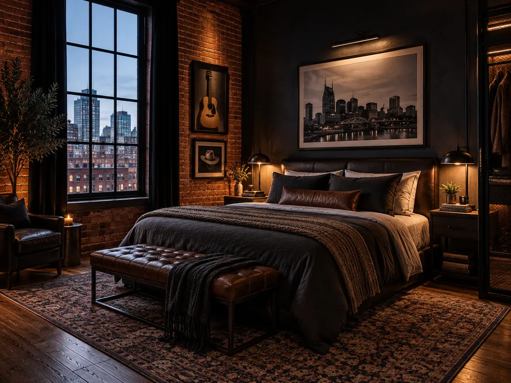 A bedroom with a large bed, a rug, and a city view from the window.