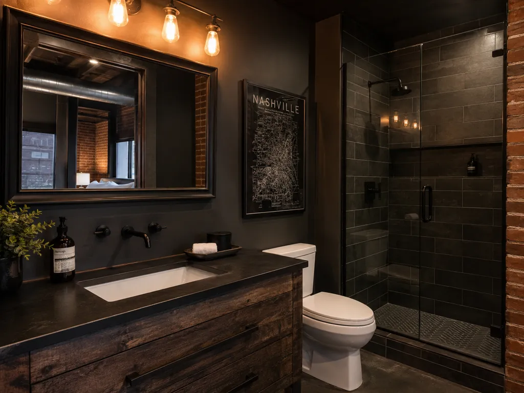 A bathroom with a wooden vanity, sink, toilet, and a glass shower stall.